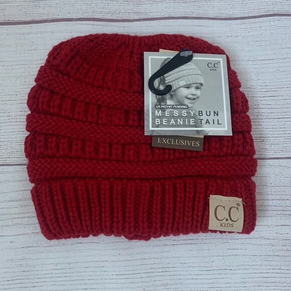 C.C Kids Red Cable Knit Beanie Tail Messy Bun Ponytail Winter Stocking Hat - Picture 1 of 13